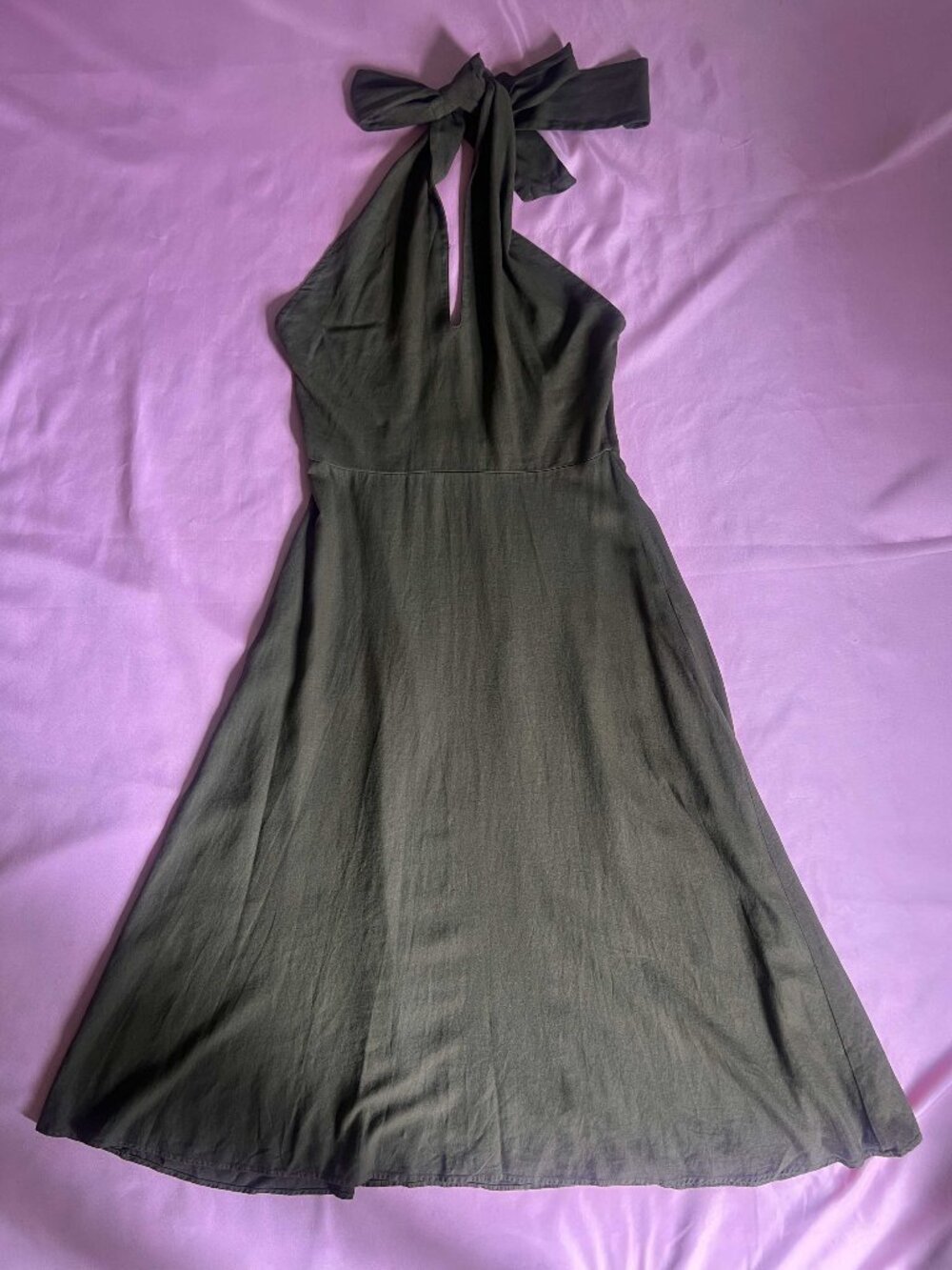 Zara Olive Linen Halter Dress